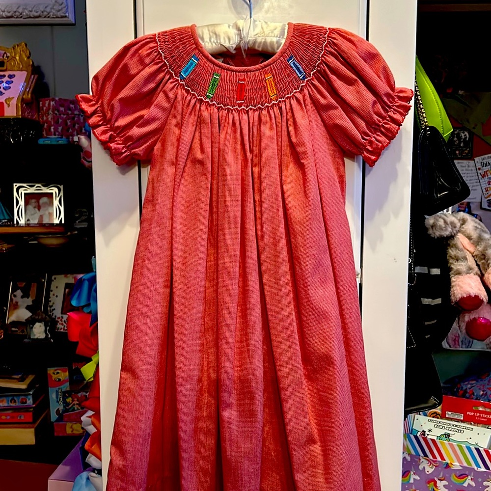 Little Girl’s Edge Hill Collection, red, checked,smocked dress. Crayon detail.
